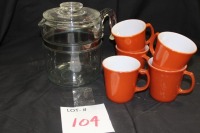 pyrex coffee pot and mugs