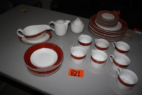 8 plates, saucers, gravy bowl, sugar bowl, misc. dishes