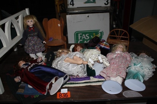 Porcelin dolls & 2 doll chairs