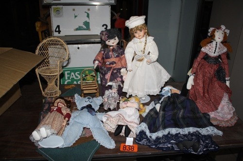 Dolls w/ wicker chairs & wooden doll chair