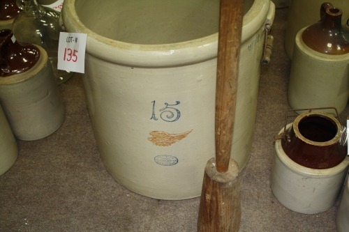 redwing 15 gal. Crock w/wooden masher (small visible crack in bottom)