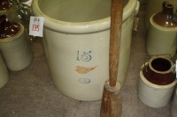 redwing 15 gal. Crock w/wooden masher (small visible crack in bottom)