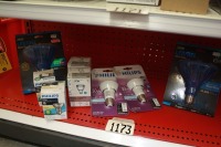 2 - LED blue flood lights, 2 - 50 watt flood lights, 2 - 9 watt bulbs