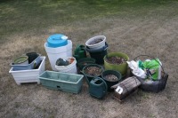 Garden pots, Bird seed, watering can, Water jug