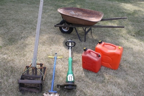 Gas jugs, Wheel barrow, Trimmer, Garden weeder