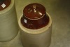 pottery cannister w/lid & pottery jug - 2