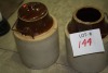3- stoneware jugs - 2 w/lids (1 cracked) - 2