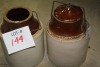 3- stoneware jugs - 2 w/lids (1 cracked) - 3