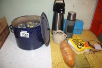 Canner & jars, food mill, Thermos, Coffee urn, Crib board