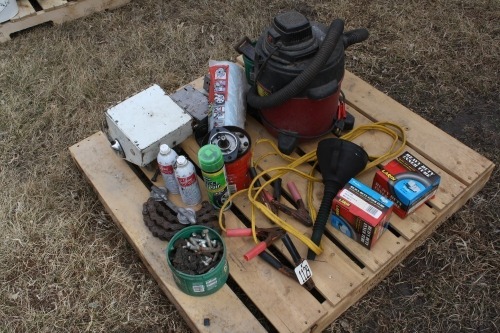 PALLET OF SHOP VAC, JUMPER CABLES, RADIO, 2 INNER TUBES (FOR TRAILER TIRES)