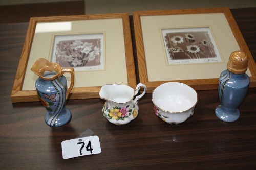 T74 - Pictures, Cream & Sugar set, misc. ornaments