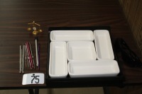 T75 - Serving tray, crochet hooks, ornamental scale