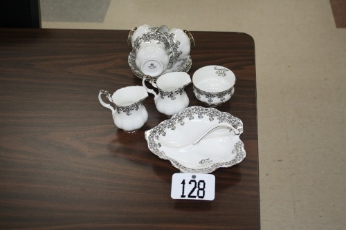 T128-Royal Albert 2 creamers, serving bowl, sugar bowl ,3 cups, 4 saucers