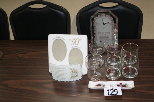 T129-"Anniversary" clock, picture frame & glassware