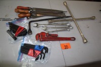 TIRE WRENCHES, WRENCHES 20 MM,23 MM, & 26 MM, FILES, METRIC & IMPERIAL ALLEN WRENCHES, 14" PIPE WRENCH