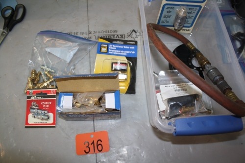AIR QUICK COUPLERS, ASSORTED AIR FITTINGS, AIR RESTRICTOR VALVE W/ GAUGE