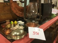 lantern, butter dish, brass cream & sugar