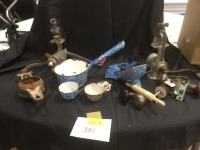enamel ware, grinder, misc. Door hardware