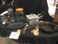 jars, wood stove steamer, cast iron fry pans