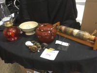 bean pot, colander, decorative rolling pin