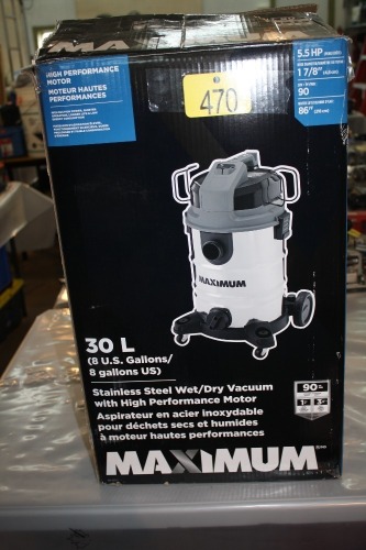 NEW MAXIMUM 30 LITRE STAINLESS STEEL WET/DRY VAC W/ 5.5 HP MOTOR